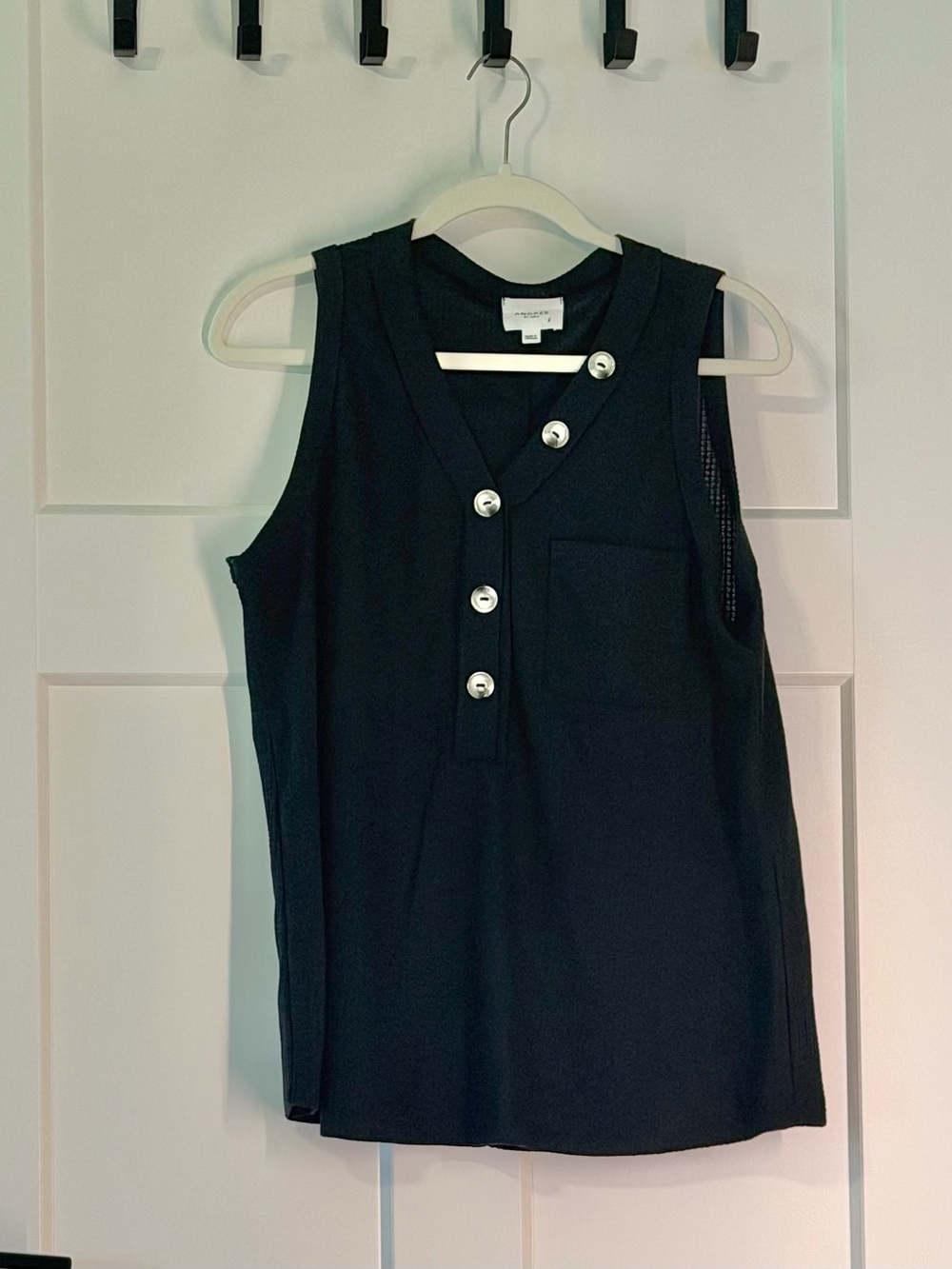 Andree Black Sleeveless Henley Tank with Silver Buttons